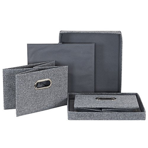 Household Essentials Collapsible Cotton Blend Storage Box with Lid and Metal Grommet Handle, Set of 2, Grey - color: Gray, size: 2 Count
