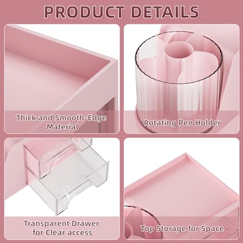 Marbrasse Desk Organizer with 2 Drawer, 360°Rotating Pen Holder, Desk Organizers and Accessories with 6 Slots Pencil Organizer + 2 Drawer, Art Supply Storage Box Caddy for Office (Pink) - color: Pink