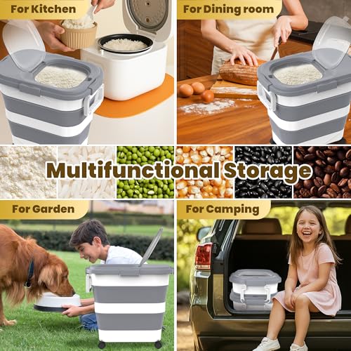 HOYTAMDA 25-35Lbs Rice Container,Collapsible Airtight Food Storage Containers with Wheels,Handle,Rice Storage Container with Small Bin and Scoop,Rice Dispenser for Flour Sugar Cereal Grain Dog Cat - color: Grey/25-35lbs