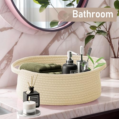 JMvicyroam Woven Basket,Small Rope Storage Bin with Handles & Ribbon Bag, Organizer for Shelves Closets,Gift Basket Empty for Birthday,Books,Dog Toys,Beige/2 Pack - color: Beige, size: 2 Pack