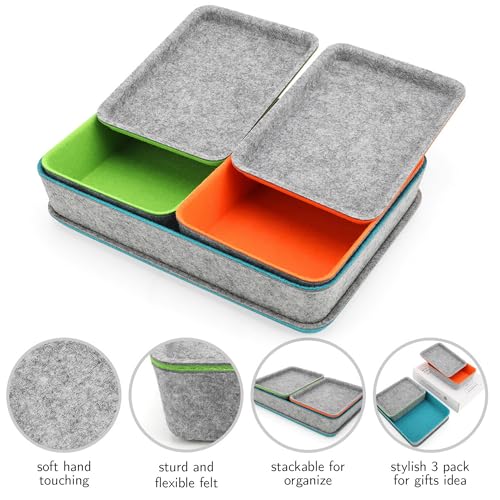 Welaxy stackable Lidded drawer organizer bins home office work desktop storage box with lid for junk makeup stationery decluttering sorting 3-pack gift idea (Orange + Green + Turquoise) - color: Orange + Green + Turquoise