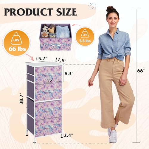 WLIVE Dresser with 4 Drawers, Storage Tower, Organizer Unit, Fabric Dresser for Bedroom, Hallway, Entryway, Closets, Sturdy Steel Frame, Wood Top, Easy Pull Handle, Tie-dye Print (Pink, Purple, Blue) - color: Tie-dye Purple Print