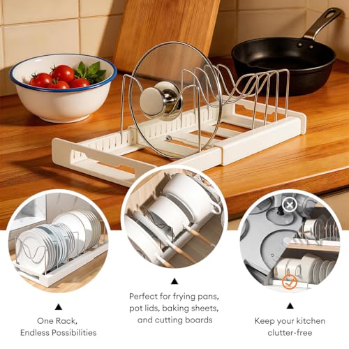 Pot and Pan Organizer Rack for Cabinet - Expandable 12" to 22" Kitchen Cabinet Organizer with 7 Dividers, Heavy-Duty ABS Base for Lids, Cutting Boards, Bakeware, Cookware Storage, Grey - color: Deep Grey + Light Grey