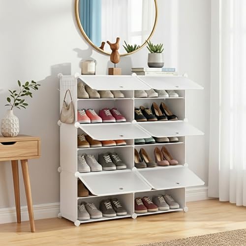 HealSmart 6-Tier Shoe Rack Organizer with Door, 24-Pair Shoe Storage Cabinet, Stackable Plastic Shelves for Closet, Entryway, Hallway, Bedroom, White