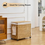 Handwoven Hamper with Lid, Laundry Basket with Wheels, Machine Washable Liner, 3 Section Clothes Hamper for Bathroom Laundry Room Bedroom(Natural, 165L) - color: Natural/With Lid/165L