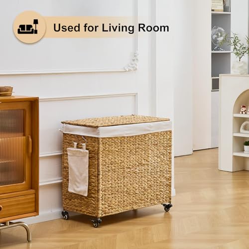 Handwoven Hamper with Lid, Laundry Basket with Wheels, Machine Washable Liner, 3 Section Clothes Hamper for Bathroom Laundry Room Bedroom(Natural, 165L) - color: Natural/With Lid/165L