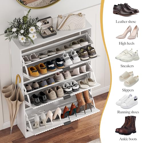 HUANLEGO Shoe Cabinet Storage for Entryway with 3 Flip Drawers, White Fluted Shoe Cabinet with Adjustable Shelves, Wooden Hidden Shoe Rack Freestanding Narrow Slim Shoes Storage for Hallway, Entrance - color: White, size: 3 Drawer