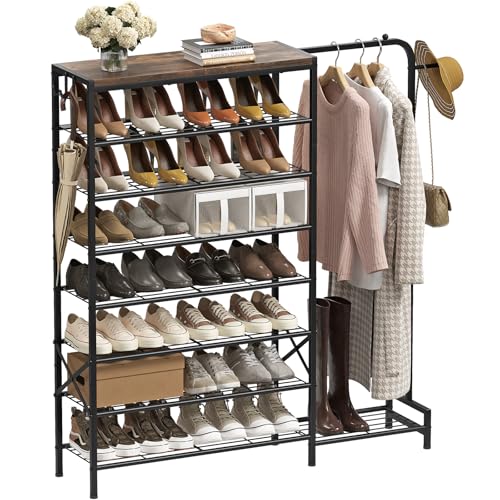 Shoe Rack with Coat Rack, 8 Tier Tall Shoe Storage Organizer with Hooks, 3-in-1, Wooden Top Shelf, Sturdy Frame, Metal Clothes Hanger Stand for Entryway, Closet, Rustic Brown and Black - color: Rustic Brown and Black