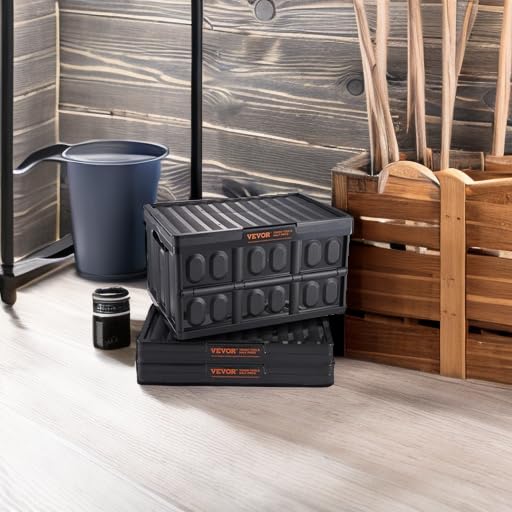VEVOR 45L Collapsible Storage Bins with Lids 3 Packs, Stackable Utility Crates with Handles, Large Folding Containers for Organizing Tools, Snacks, Books, Food, Drinks, Camping & Transport - size: 45L-Black