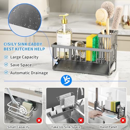 Cisily Sink Caddy Organzier with High Brush Holder, Sponge Holder for Sink, 304 Rustproof Stainless, Kitchen Countertop Soap Dispenser Organizer, Dark Gray Kitchen Decor and Accessories - color: Dark Grey, size: 9.25″