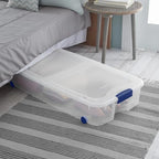 Latching Wheeled Storage Bin, 66 Quart Clear Underbed Storage Container with Latch Lid, Blue