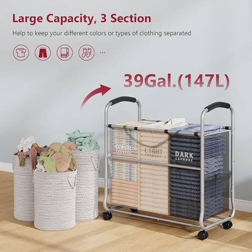 Tajsoon 3 section Laundry Hamper Sorter, Laundry Sorter Cart with Heavy Duty Lockable Wheels and Removable Bags, Laundry Separated Rolling Cart Basket for Clothes Storage, Grey+Beige+Black - color: 3 Colors, size: 3 Bag
