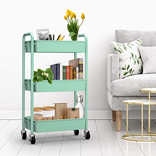 CAXXA 3-Tier Rolling Metal Storage Organizer - Mobile Utility Cart, Kitchen Cart with Caster Wheels (Aqua Green) - color: Aqua Green