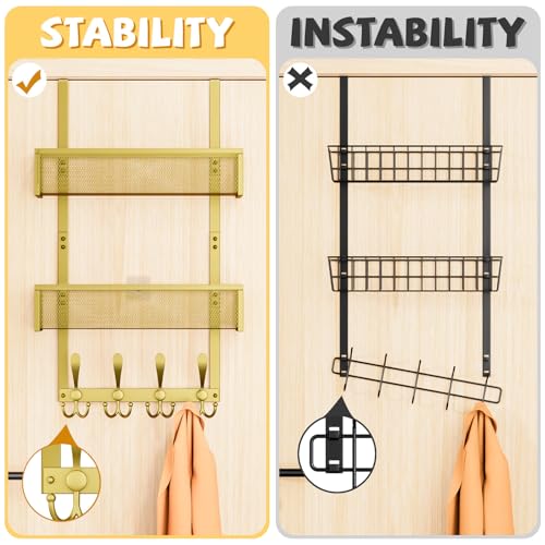 Kaiferty Over The Door Hooks Organizer,Coat Rack with 12 Hooks and 2 Mesh Baskets,Back of Door Storage Organizer for Bathroom,Bedroom,Kitchen,Office (Gold) - color: 2 Upgrated Baskets-Gold