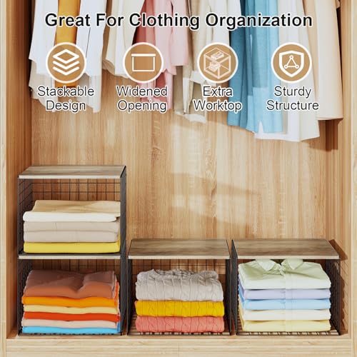 6 Pack Closet Organizers And Storage, Stackable Closet Shelf Organizer Storage Bin Basket For Clothes Sweaters With Top Board, Widened Opening, Heightened Height, Large Capacity, Sturdy, Space-saver - color: Black, size: 6 Pack