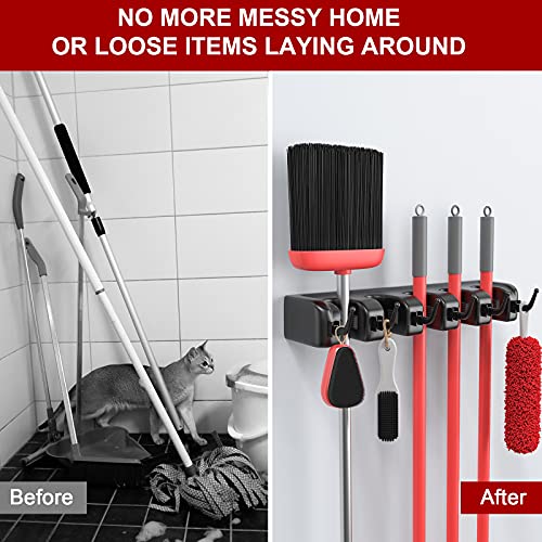 LETMY Broom Holder Wall Mount - Mop and Broom Hanger Holder - Garage Storage Rack & Garden Tool Organizer - 5 Position 6 Hooks Broom Rack for Home, kitchen, Garden, Tools, Garage Organization - Black - color: Black