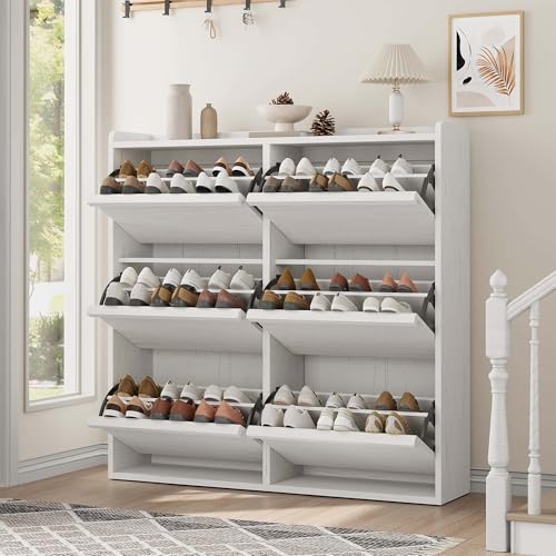 GarveeHome Shoe Cabinet with 6 Flip Drawers, Wooden Shoe Organizer Cabinet with Adjustable Shelf, Shoe Storage for Entryway, Hidden Shoe Cabinet for Hallway, Living Room, White - color: White, size: 6-Drawers