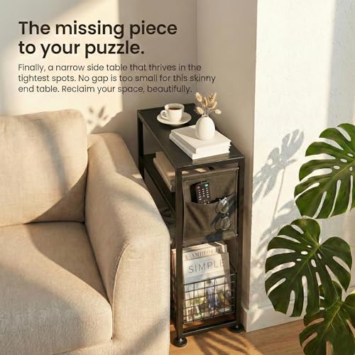 Skinny Side Table with Storage, 3 Tier Slim Side Tables for Small Spaces, Skinny End Table Narrow Bedside Table Narrow Side Table for Living Room, Bedroom - color: Black
