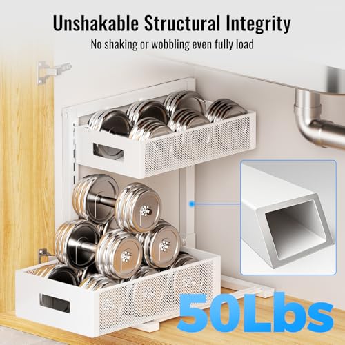 TISTAYA Full Metal Under Sink Organizer, Pull Out Cabinet Organizers and Storage, Silk-Smooth Sliding Drawer for Kitchen, Bathroom, Pantry, Cabinet, Closet (White, 2 Pack) - color: White, size: L-2PC