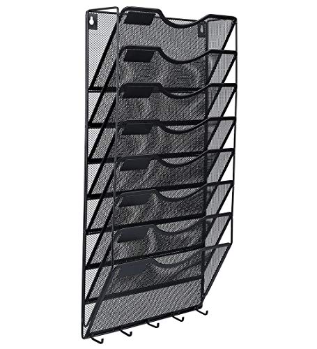 EasyPAG 8 Pocket Mesh Wall File Organizer with Key Hooks, Hanging Paper Folder Holder with Classify Label, Vertical Wall Mount Mail Organizer for Office Home Classroom, Black - color: Black with Hooks, size: 8 Tier