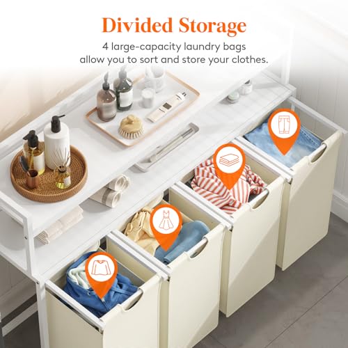 Lifewit Laundry Hamper 4 Section, 168L Pull out Laundry Clothes Basket Organizer with Large Top Shelf and 4 Removable Bags and Handles for Laundry Room Bedroom Bathroom, White with Shelves - color: White, style: Laundry hamper with shelves