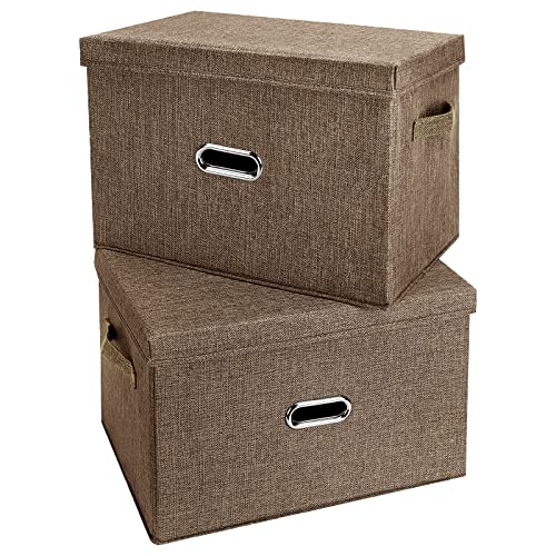 Large Linen Fabric Foldable Storage Bins with Removable Lid and Handles, Washable Storage Box Organizer Containers Baskets Cube with Cover for Bedroom,Closet,Office (Coffee, Small(2-Pack)) - color: Coffee, size: Small(2-Pack)