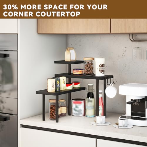 IBUYKE Countertop Organizer,3-Tier Spice Racks,Kitchen Counter Corner Shelf,4 Side Hooks,Adjustable Countertop Shelf for Kitchen, Bathroom, Coffee Bar, Cabinet, Desk,Black,TLJ023B - color: Black, size: 1 pack (Improved)