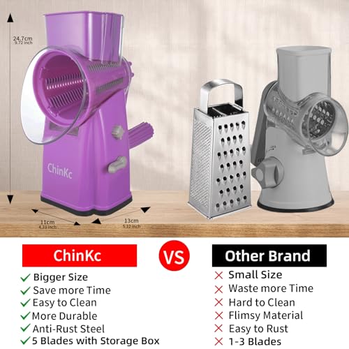 Upgrade Rotary Cheese Grater Shredder with Handle, Strong Suction Base, Multi-purpose Rotary Grater Slicer with 5 Interchangeable Blades for Ice, Vegetables, Fruit, Nuts with Blade Storage Box - color: Purple
