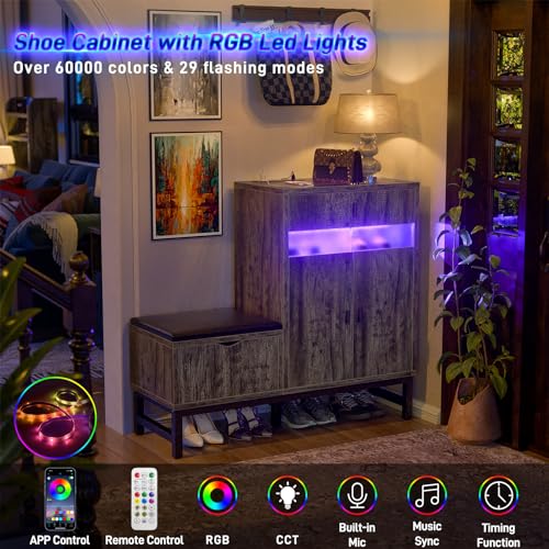 Armocity Shoe Cabinet Storage for Entryway - Freestanding Shoe Rack Bench with LED Lights & Power Outlets, Reversible Shoe Storage Cabinet Organizer with Drawer and Hidden Compartment, Grey Oak - color: Grey