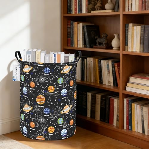 Round Fabric Storage Bin,Decorative Basket,Organizer Basket with Handles,for Clothes Storage,Books and Sundries(Planet) - color: Black Planet