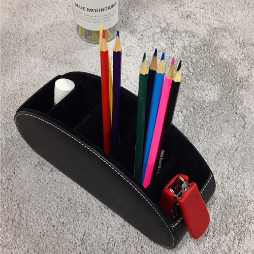 Remote Control Holder Organizer - Table Desk Leather Control Storage with 5 Spacious Compartments (Black) - color: Black