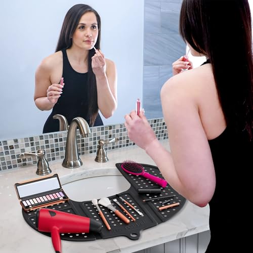 Sink Topper Bathroom Counter Cover & Storage Saver, Foldable Silicone Mat for Hot Tools, Hair Styling & Makeup, Beauty Brush Cleaning Mat, RV Camper Sink Cover & for Small Spaces (Standard Black) - color: Black, size: Standard
