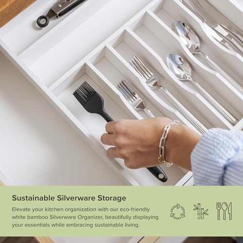 KitchenEdge Premium Silverware, Flatware and Utensil Organizer for Kitchen Drawers, Food-Safe Contract Grade, Expandable from 18 to 33 In, White Bamboo - color: White Bamboo, size: From 18" to 33" wide