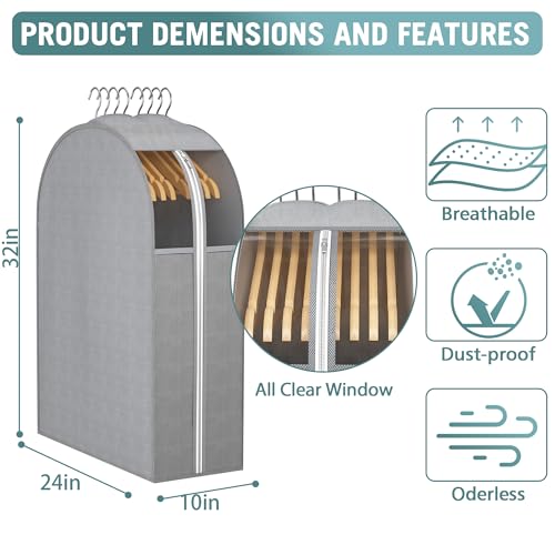 Liuoud 10" Gusseted Garment Bags for Hanging Clothes with Clear Window, 32" Suit Bags for Open Closet Storage, Clothing Cover for Coat, Dress, Jacket, Shirt, Fur Wardrobe Protector, 4 Packs - color: Grey with window, size: 32 inch