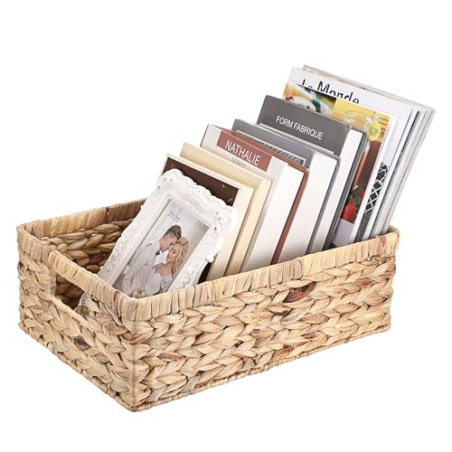 Woven Open Storage Bins Large Wicker Shelf Basket with Built-in Handles Natural Water Hyacinth Storage Baskets for Toiletries Books Fruits Organizing,15 x 10.2 x 5 inches - size: 15"L x 10.2"W x 5"H