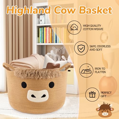 Large Highland Cute Cow Basket for Nursery,Woven Laundry Blanket Gift Basket, Cotton Rope Storage Bins with Handles, Extra Empty Decorative Bin for Towels Pillow Clothes Hamper Room,23"D×13"H - color: Brown, size: 23"D ×13 "H