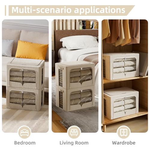 FHSQX 3 Pack Clothes Storage Bins - Foldable Metal Frame Storage Box - Stackable Linen Fabric Container Organizer Set with Carrying Handles and Clear Window (Beige, 16.5x12.2x12.2inch(40L)) - color: Beige, size: 16.5x12.2x12.2inch(40L)