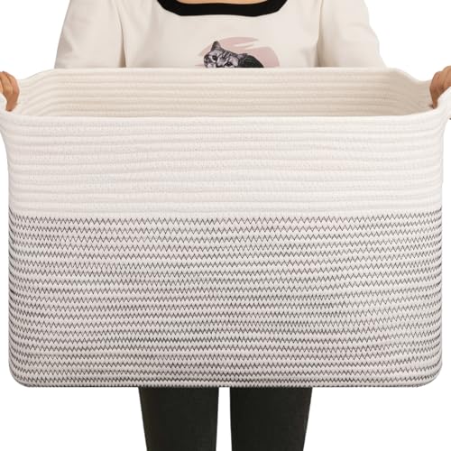 OIAHOMY Large Blanket Basket, 65L Cotton Rope Woven Laundry Basket, Toy Bin for Baby Room, Container for Blanket Storage in Living Room, 20''×16''×12'', Black & White - color: Black & White, size: 65L