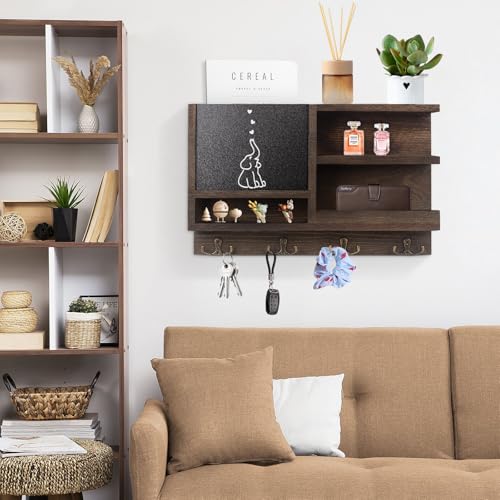 WEWEOW Key Holder for Wall, Mail Organizer Wall Mount with Key Hooks and Chalkboard & Mirror for Sunglasses Storage and Dog Leash Hanger, Decorative with 4 Double Hooks - color: Dark Brown