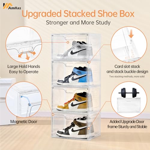 Amllas 8 Pack Shoe Boxes Clear Plastic Stackable, Large Shoe Storage Organizer with Lids,Drop Side Shoe Containers for Entryway,Sneaker Storage Fit up to US Size 13 (13’’x 10.6”x 8.3”) - color: Clear