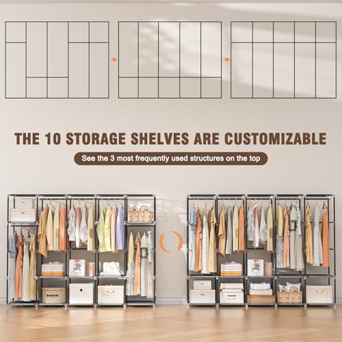 Neatrays Portable Closets for Hanging Clothes, 83 Inch Large Capacity Wardrobe Closet, Freestanding Armario De Ropa Closet with Cover & 5 Hanging Rods & 10 Storage Shelves (Grey) - color: Grey, size: 5 Row - 83"Wide