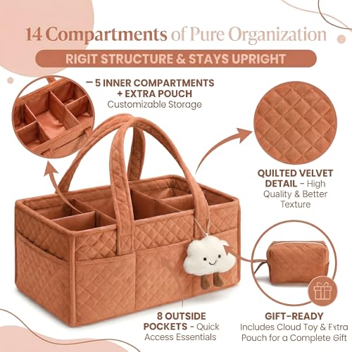 PeraBella Baby Diaper Caddy Organizer, Baby Basket Shower Gift, Portable Changing Table Basket, Postpartum Caddy & Tote Bag Pouch, Newborn Boy & Girl Nursery Essentials Registry, Car Diaper Organizer - color: Cinnamon