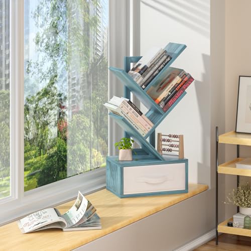 SHEEPAM Small Book Shelf with Drawer,4 Tier Black Tree Bookshelf,Blue Desktop Bookcase,Modern Desk Display Storage Bookshelves,Floor Standing Organizer Bookcases for Living Room,Bedroom,Office - color: Navy Blue, size: 4 Tier