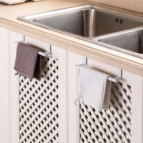 Cabinet Door Towel Holder, Over Cabinet Towel Bar, Stainless Steel Dish Towel Holder for Cabinet Door Kicthen Towel Rack, White 2 Pack - color: White