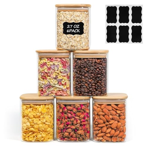 ComSaf 0.8 Qt Glass Food Storage Jars Set of 6, Clear Storage Containers with Airtight Lids, Pantry Organization Jar, Spice Jar, Blooming Tea, Oat, Coffee and Sugar Container, Canister Set for Kitchen - size: 0.8Qt*6
