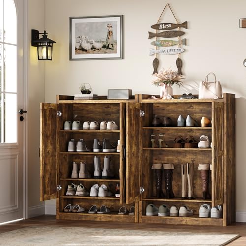 BINGTOO 45" Tall Farmhouse Shoe Storage Cabinet with Doors, Large Shoe Organizer with 4 Adjustable Shelves, Extra Deep Wooden Shoe Rack for Entryway, Foyer, Hallway (Brown, 2 Cabinets) - color: Brown, size: 2 Cabinets