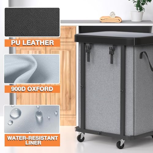 150L (40 Gal) Large Fashion Laundry Basket with Wheels, Leather Patchwork Rolling Hamper Carts, Sturdy Metal Frame, Removable Washable Bag, Tall Clothes Sorter for Bedroom, Laundry Room - Gary - color: Gray, size: 1 Section-150L