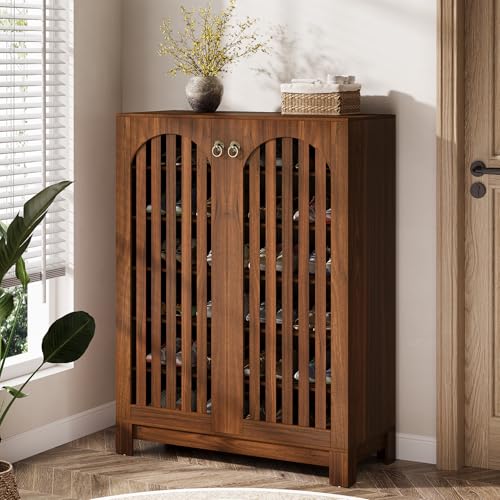 Tribesigns Shoe Storage Cabinet with Louvered Doors, 6-Tier Shoe Storage with Adjustable Shelves, Wood Shoe Rack Organizer for Entryway, Living Room, Walnut - color: Walnut