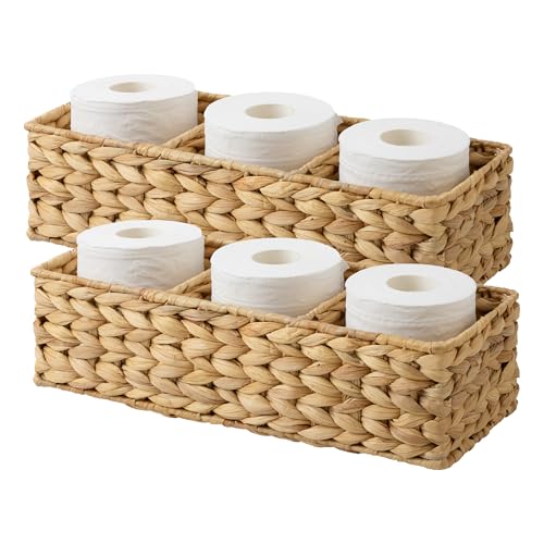 StorageWorks Toilet Paper Basket for Back of Toliet, Toilet Tank Basket with 3 Large Compartments, Water Hyacinth Toilet Paper Storage Baskets, 16½"x 5½"x 5½", 2-Pack - color: Natural(Water Hyacinth), size: 16½"L x 5½"W x 5½"H