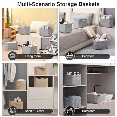 ICERZCZ Small Storage Baskets for Shelves Organizing, Woven Cotton Rope Baskets for Storage, Book Basket, Decorative Shelf Basket, 12.5"Lx9.1''Wx7.9''H (4 Packs) Grey - color: Grey, size: 12.5"(l)×9.1"(w)×7.9"(h)